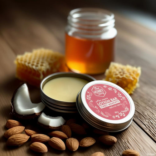 AI tuotekuva. The Honey Story:n After Sauna Lotion Bar - Sweet Moments hunajavoide.