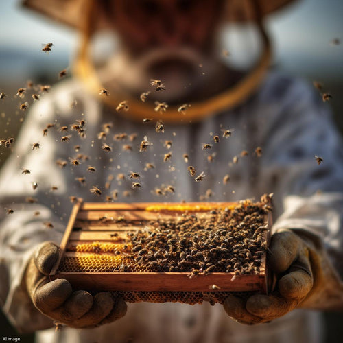 Suojapuvussa oleva mehiläishoitaja pitelee hunajakennoa käsissään.