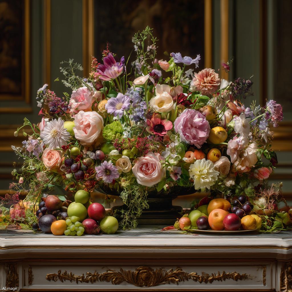 AI mielikuva. 1700-luvun ranskalaistyylinen kukka-hedelmäasetelma.