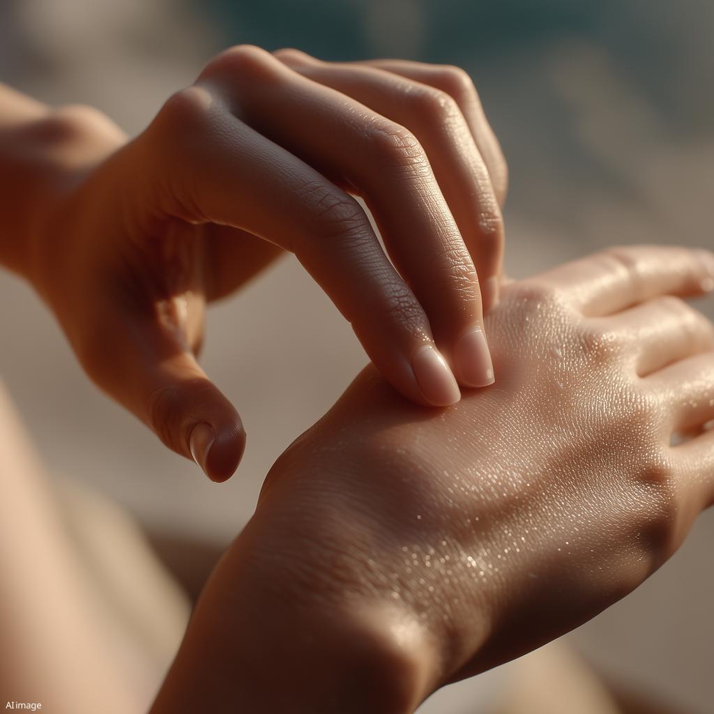 Ai mielikuva. Nainen levittää ihonhoitotuotetta käsiinsä lähikuvassa.