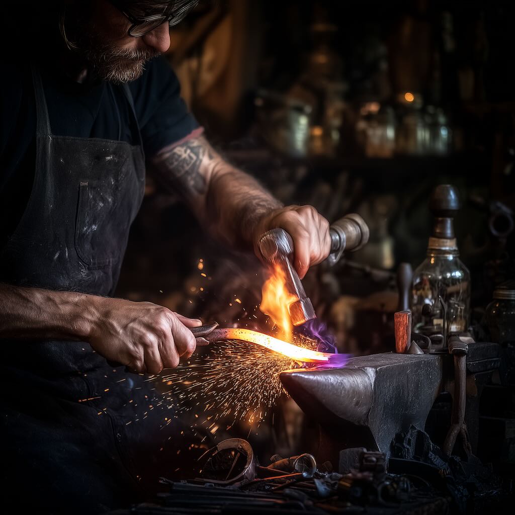 AI mielikuva. Seppä takoo rautaa.